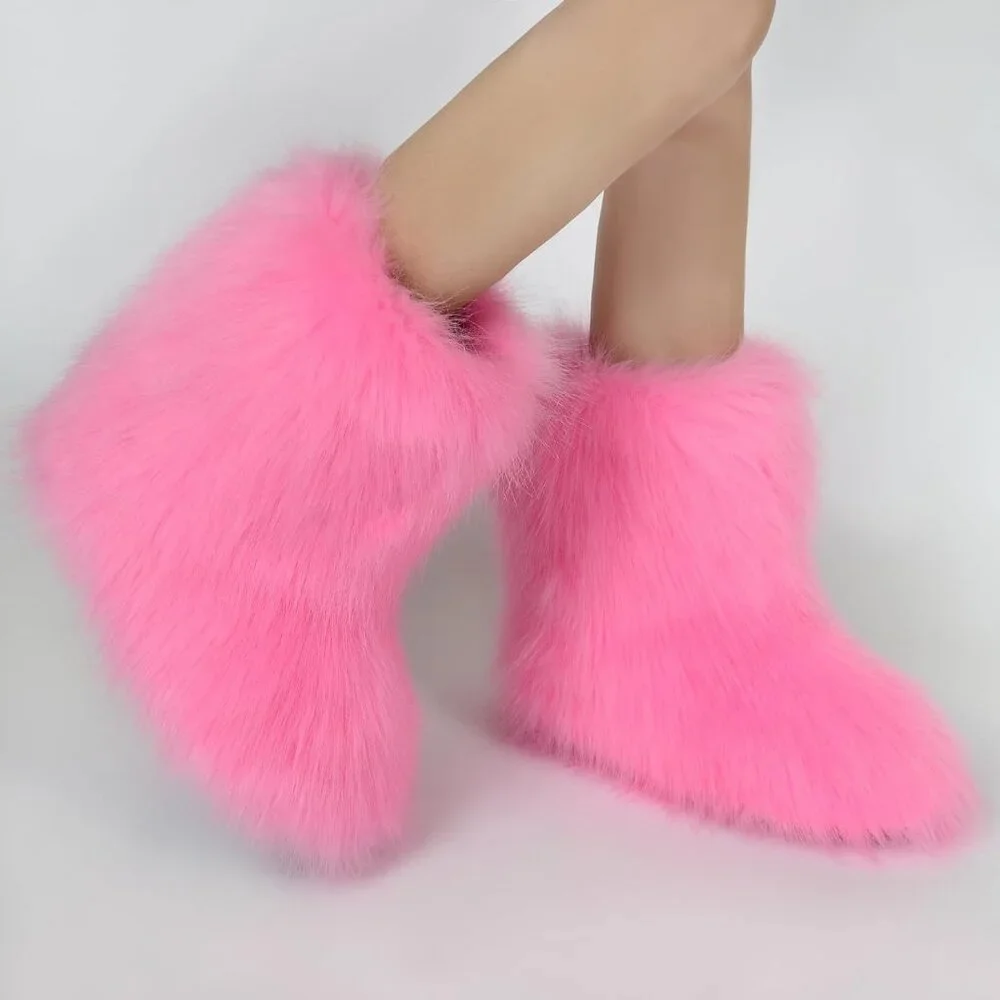 Women's Faux Fluffy Furry Fur Short Snow Warm Comfortable Mid Calf Pink Boots - Picture 3 of 5